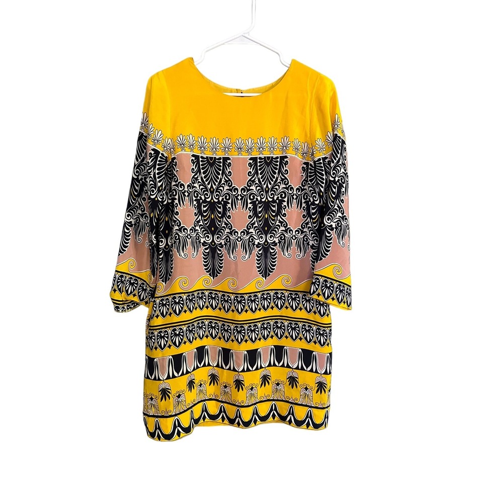J Crew Yellow Black Shift Dress 100% Silk Jules Scroll Patterned Size 2 Womens